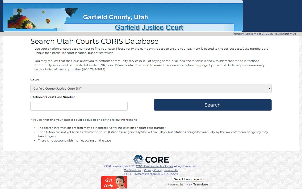 Garfield County Justice Court citation and payment search page