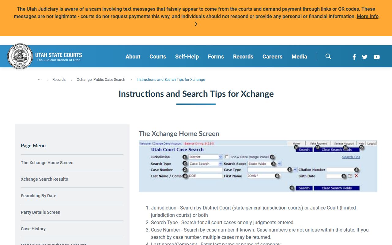 Utah Xchange help page describing public case-search fields and results