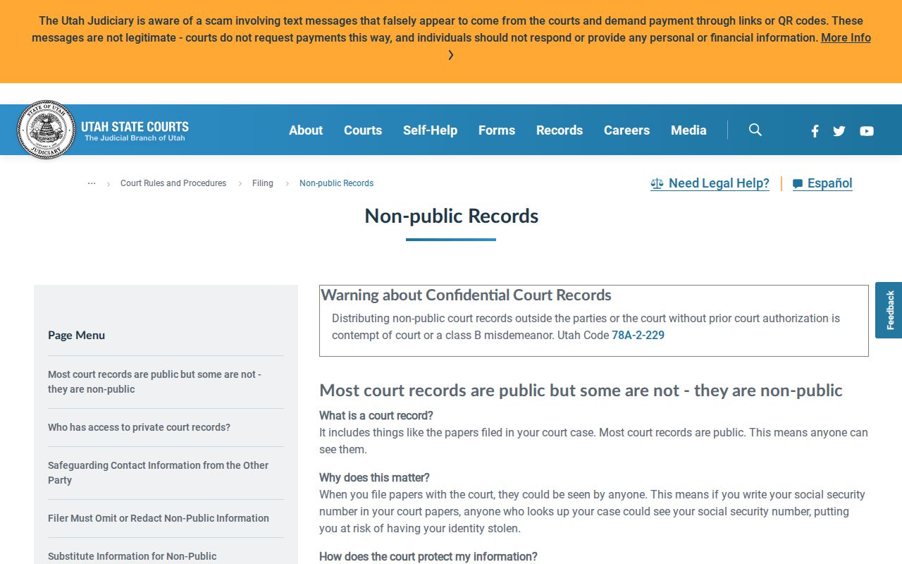 Utah Courts explanation of public and non-public case records
