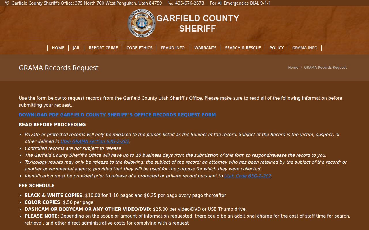 Garfield County Sheriff's written GRAMA records request form