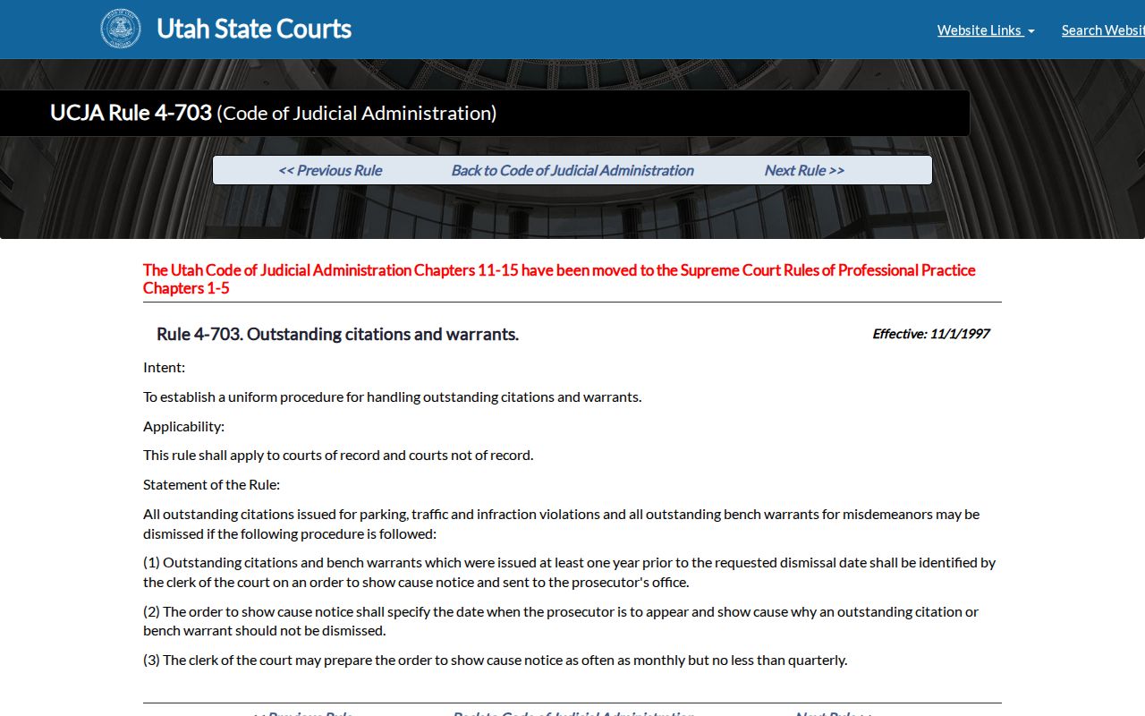 Utah court rule addressing older citations and misdemeanor bench warrants
