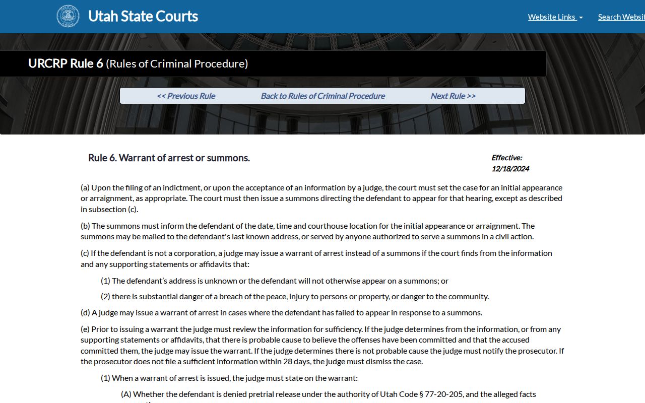 Utah Rule of Criminal Procedure 6 material on warrant issuance and release terms