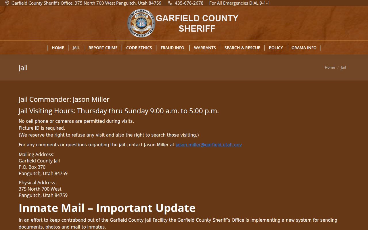Garfield County Jail information page with public facility details