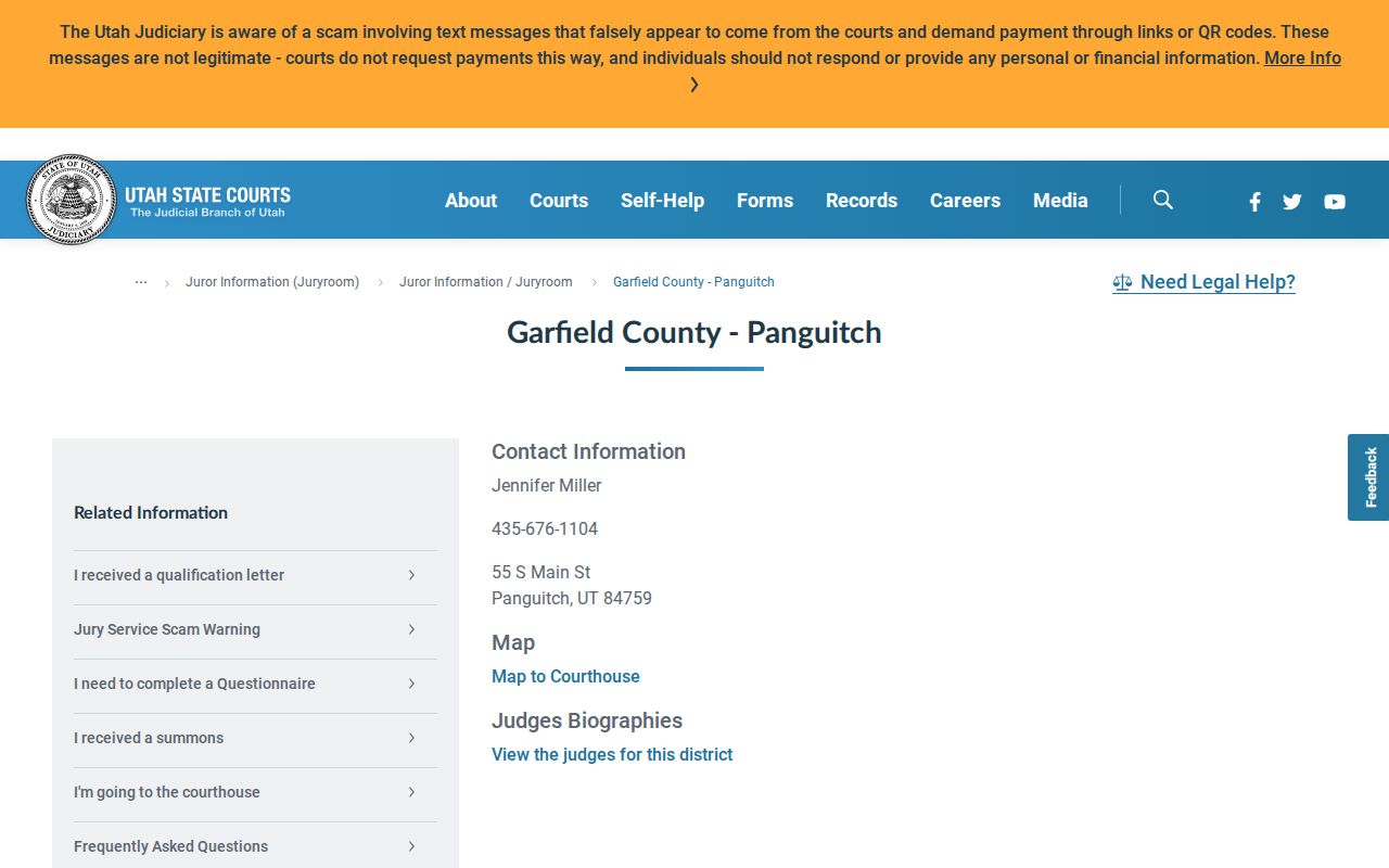 Garfield County courts page showing Panguitch City Justice Court and clerk contact