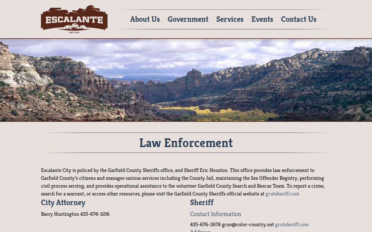 Escalante City law-enforcement page directing residents to the Garfield County Sheriff