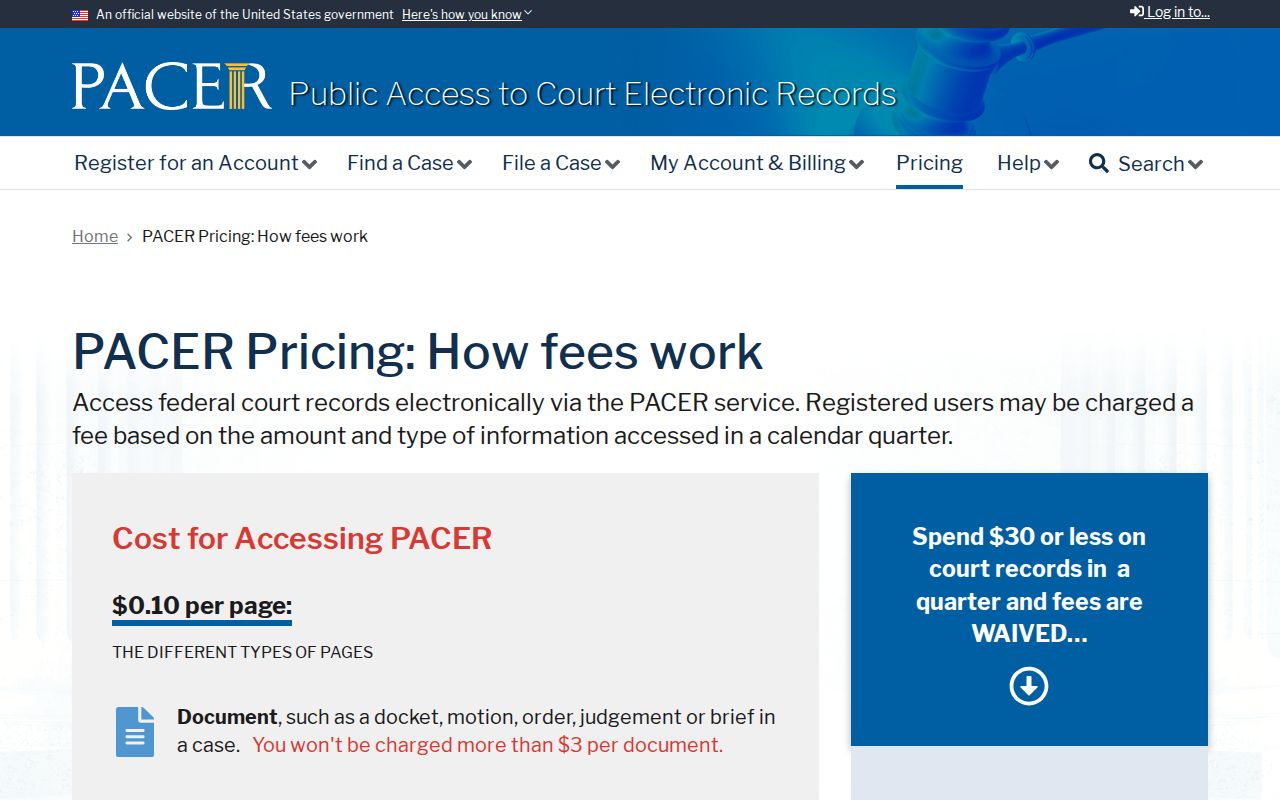 PACER official pricing page for federal docket access