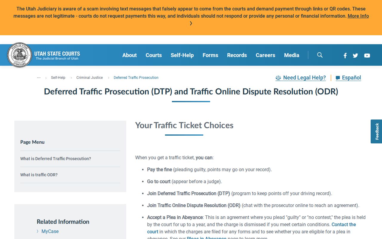 Utah Courts deferred traffic prosecution eligibility and timing page