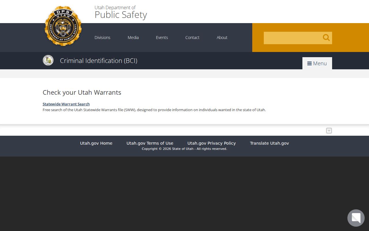 Utah BCI page linking to the public statewide warrant search