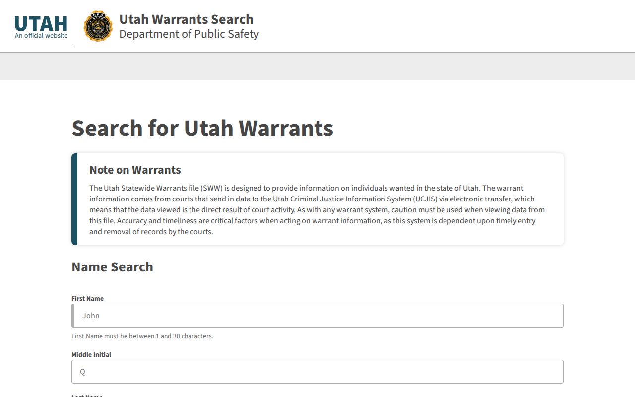 Utah Statewide Warrants name-search interface